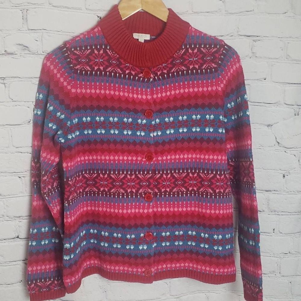 Talbots Red and Pink Nordic Cardigan Sweater